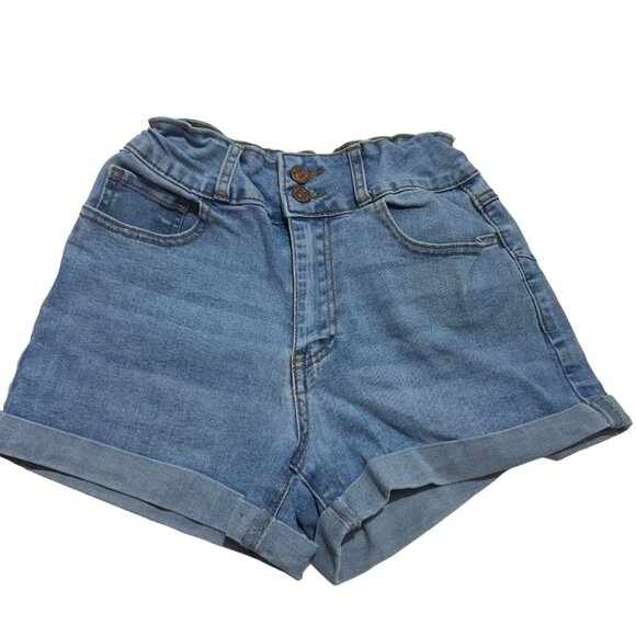 Vintage High-Waisted Denim Shorts With Rolled Hem & Double Button Closure - Picture 1 of 3